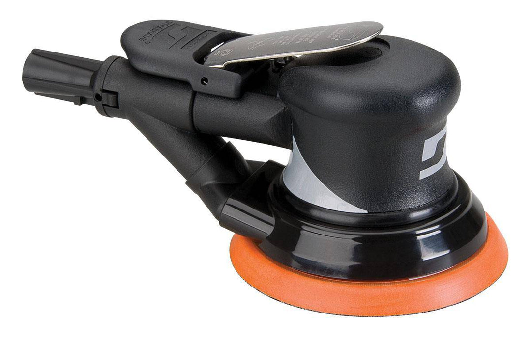 Dynabrade 56818 pneumatic random orbit sander with vacuum, 5-inch size, 3/16 inch orbit, 12000 RPM, for professional sanding tasks.