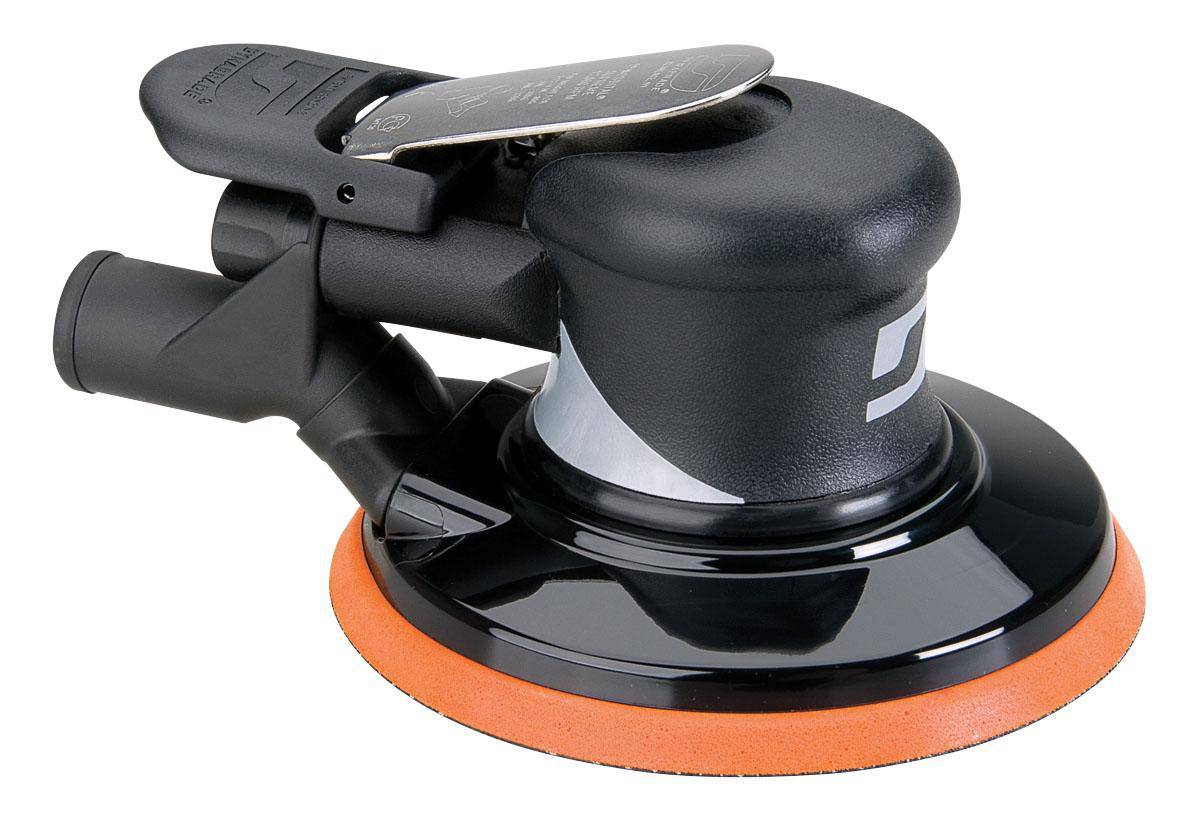 Dynabrade 56830 pneumatic random orbit sander with 6-inch pad, central vacuum ready, used for smooth finishing and surface polishing.