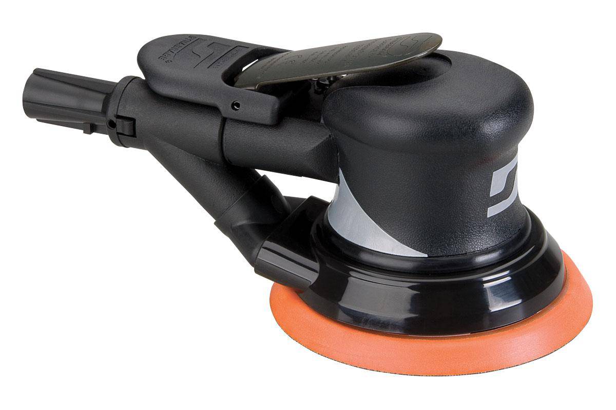 Dynabrade 56853 pneumatic random orbit sander with 5-inch pad, 3/32 inch orbit, and 12000 OPM for precision finishing.