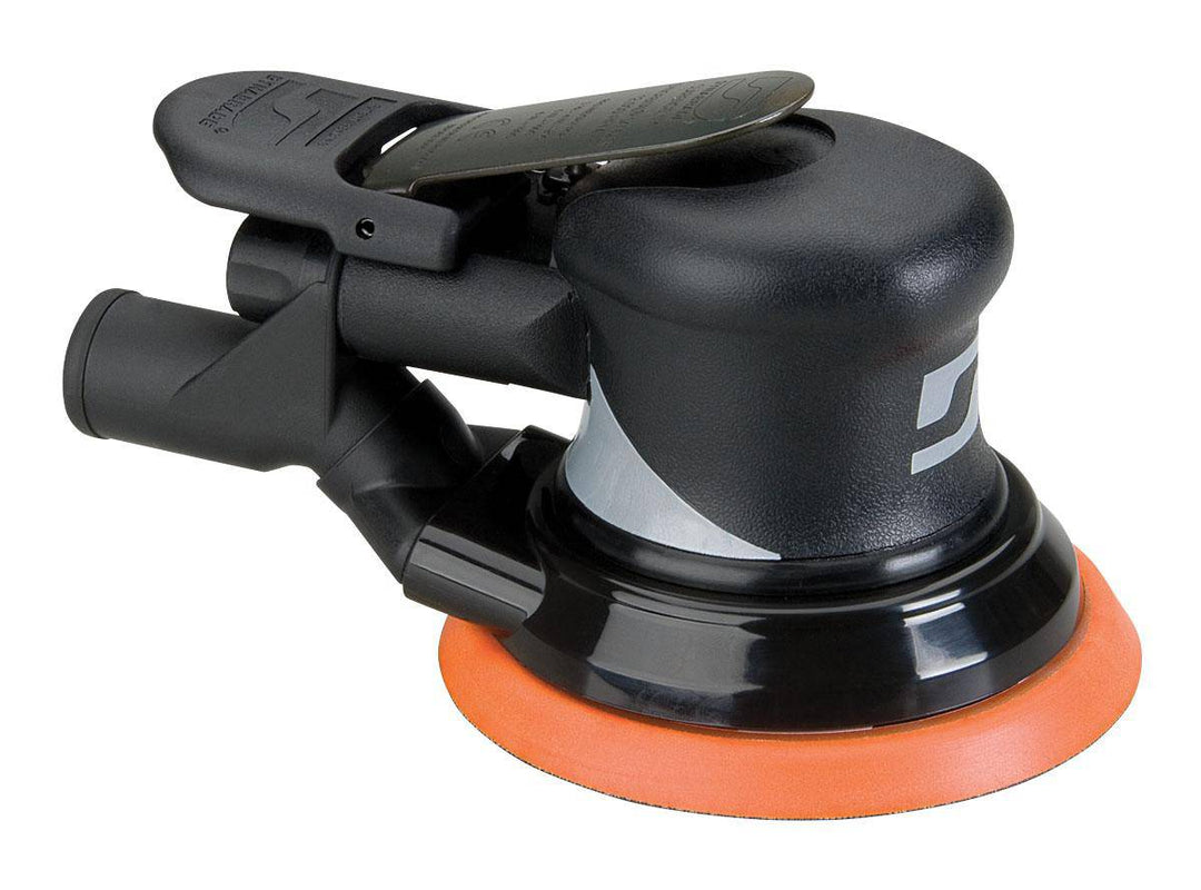 Dynabrade 56854 pneumatic random orbit sander with 5-inch pad, central vacuum, 3/32-inch orbit, 12000 OPM for finishing.