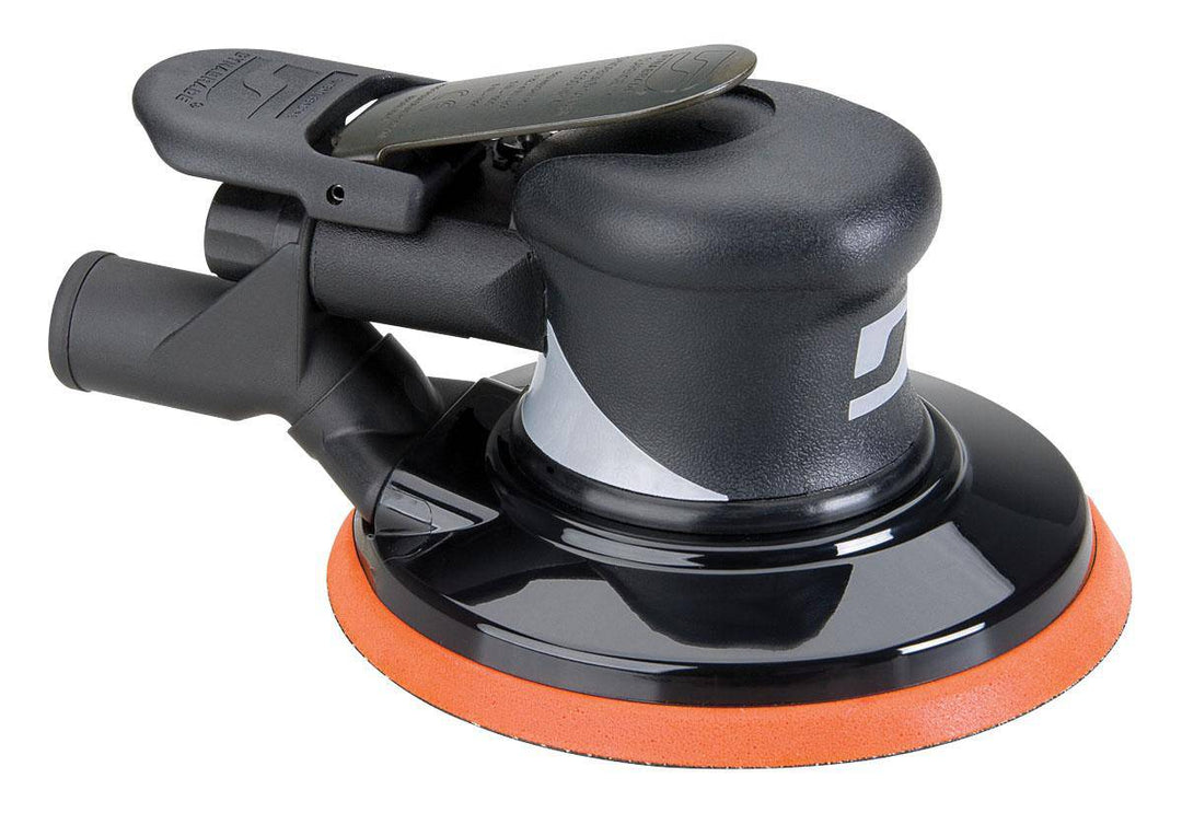 Dynabrade 56863 pneumatic random orbit sander with 6-inch pad, central vacuum ready, 3/32 inch orbit, 12000 RPM.