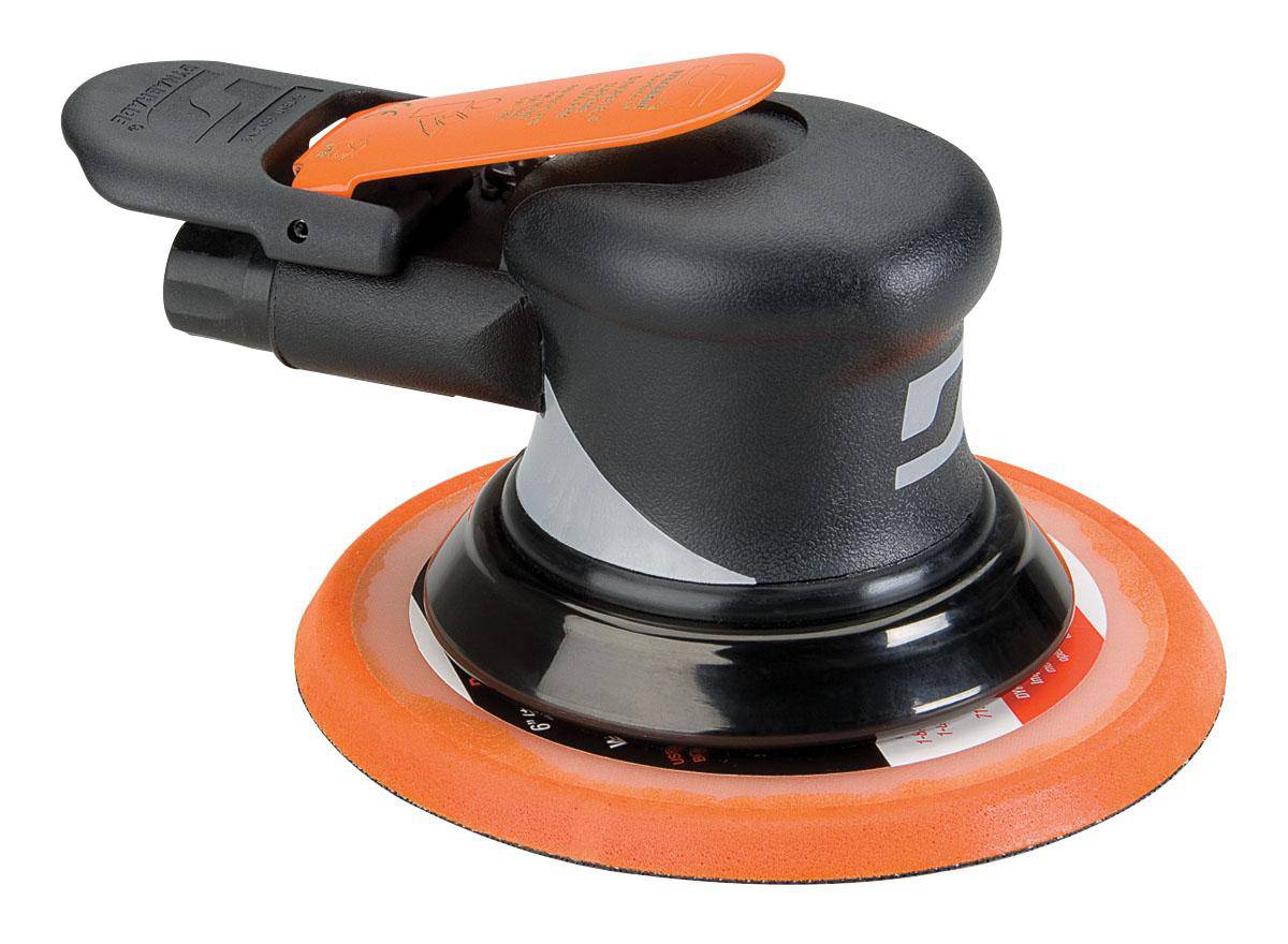 Dynabrade 56890 pneumatic random orbit sander with 3/8 inch pad and 6-inch sanding surface, non-vacuum design for finishing tasks.