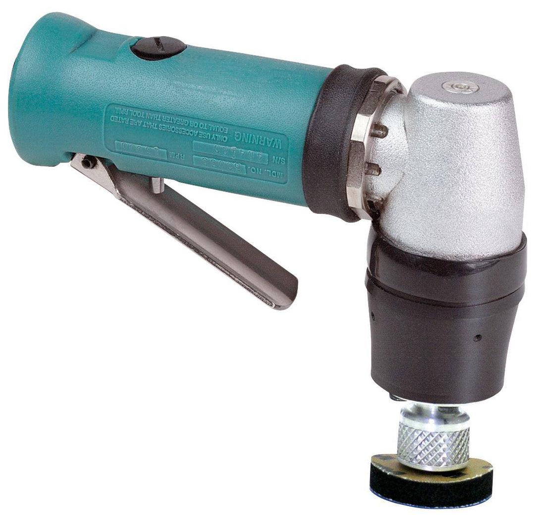 Dynabrade 58038 right-angle mini orbital sander with 1-1/4 inch diameter, 4 HP, 12000 RPM, geared, front exhaust, locking pad.
