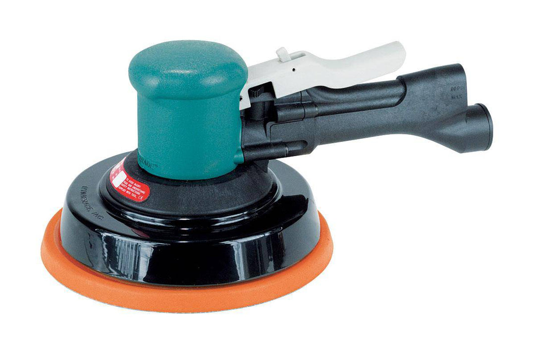 Dynabrade 58410 pneumatic random orbit sander with 2 3/16 inch pad and 10,000 RPM, shown with the sander and its features.