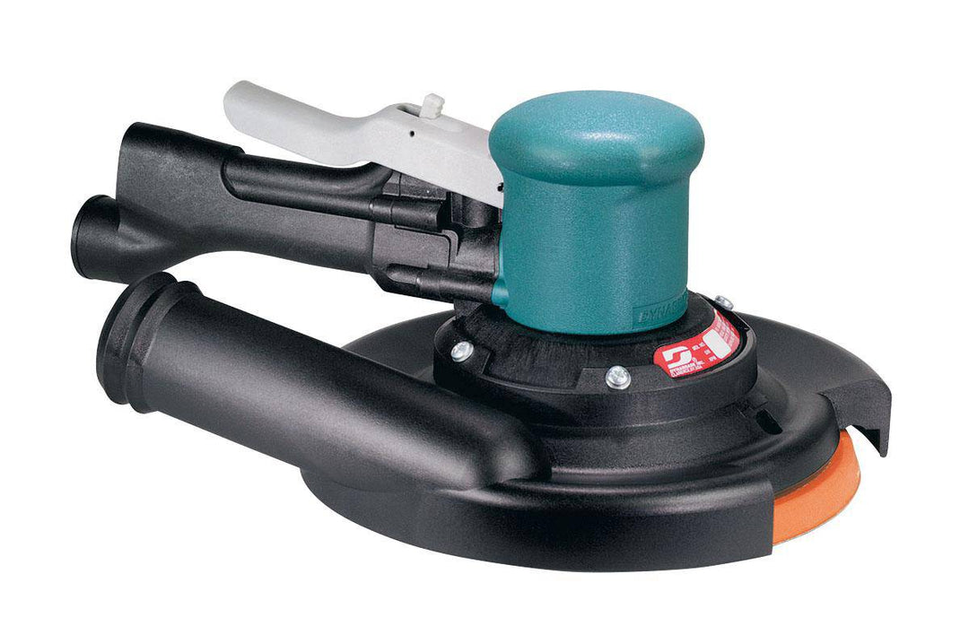 Dynabrade 58414 pneumatic random orbit sander with dual handles, 8-inch size, featuring central vacuum connection for efficient dust removal.