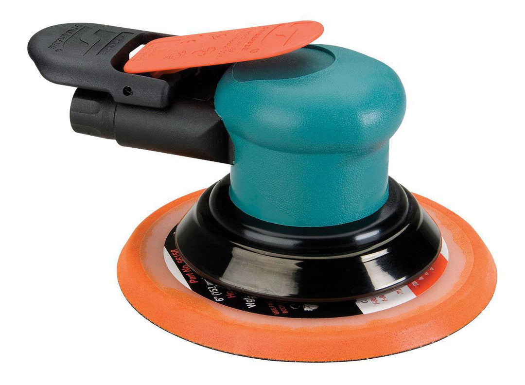 Dynabrade 59010 6-inch pneumatic random orbit sander with 3/8-inch non-vacuum pad, 12000 RPM for finishing and sanding tasks.