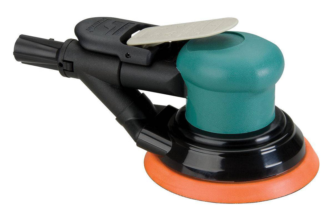 Dynabrade 59023 5-inch pneumatic random orbit sander with self-generating vacuum and 3/16-inch pad at 12000 RPM.
