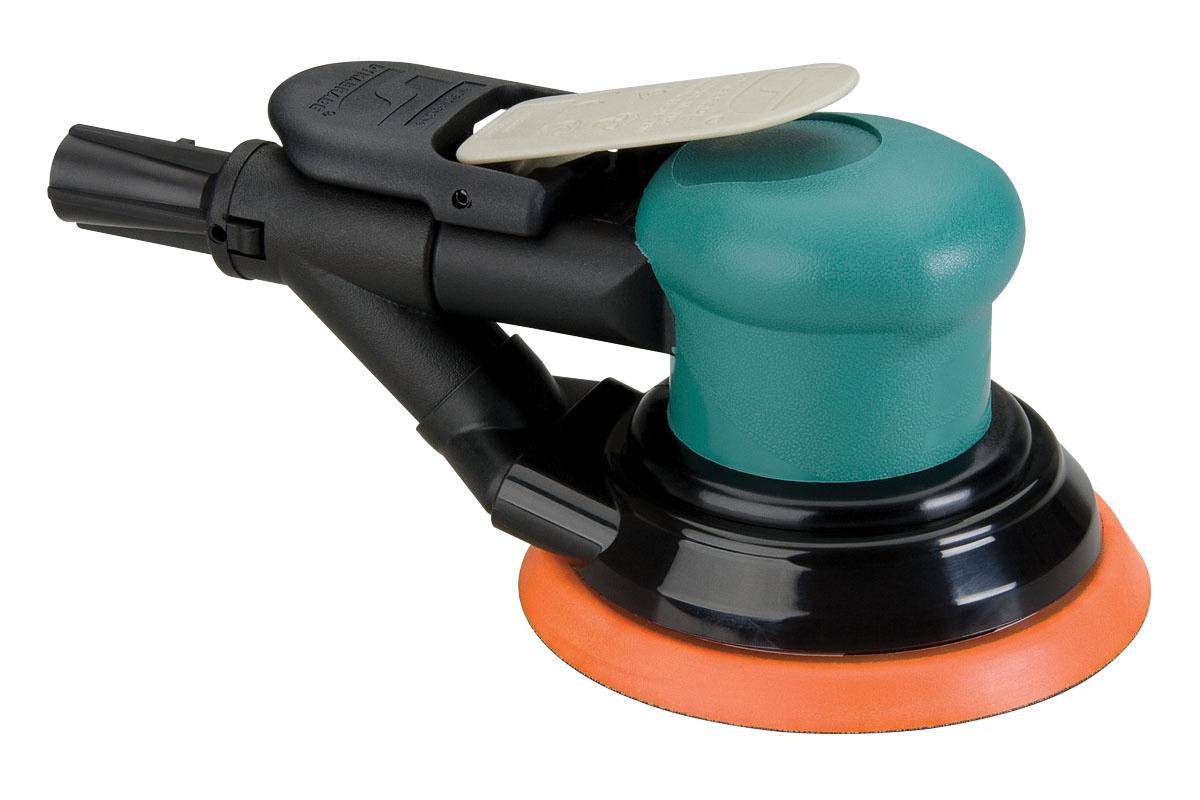 Dynabrade 59023 5-inch pneumatic random orbit sander with self-generating vacuum and 3/16-inch pad at 12000 RPM.