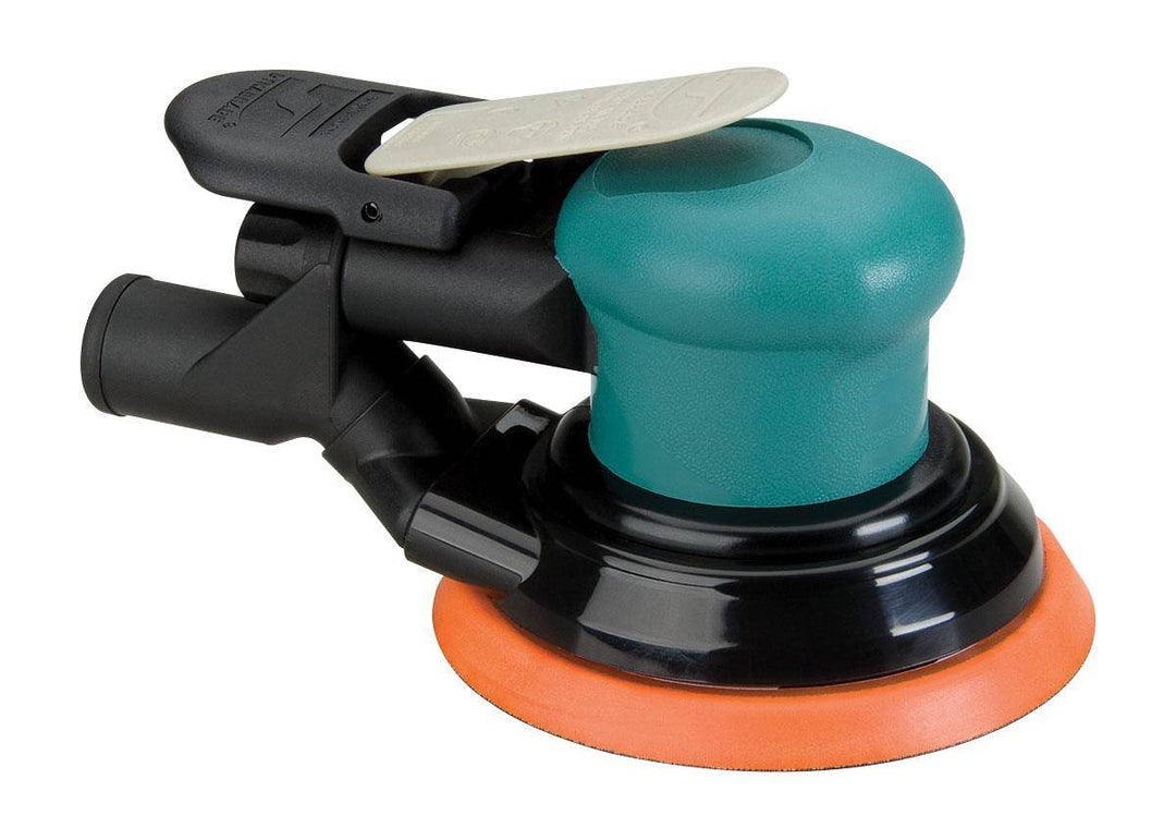 Dynabrade 59024 5-inch pneumatic random orbit sander with central vacuum, 3/16-inch pad, and 12,000 RPM.