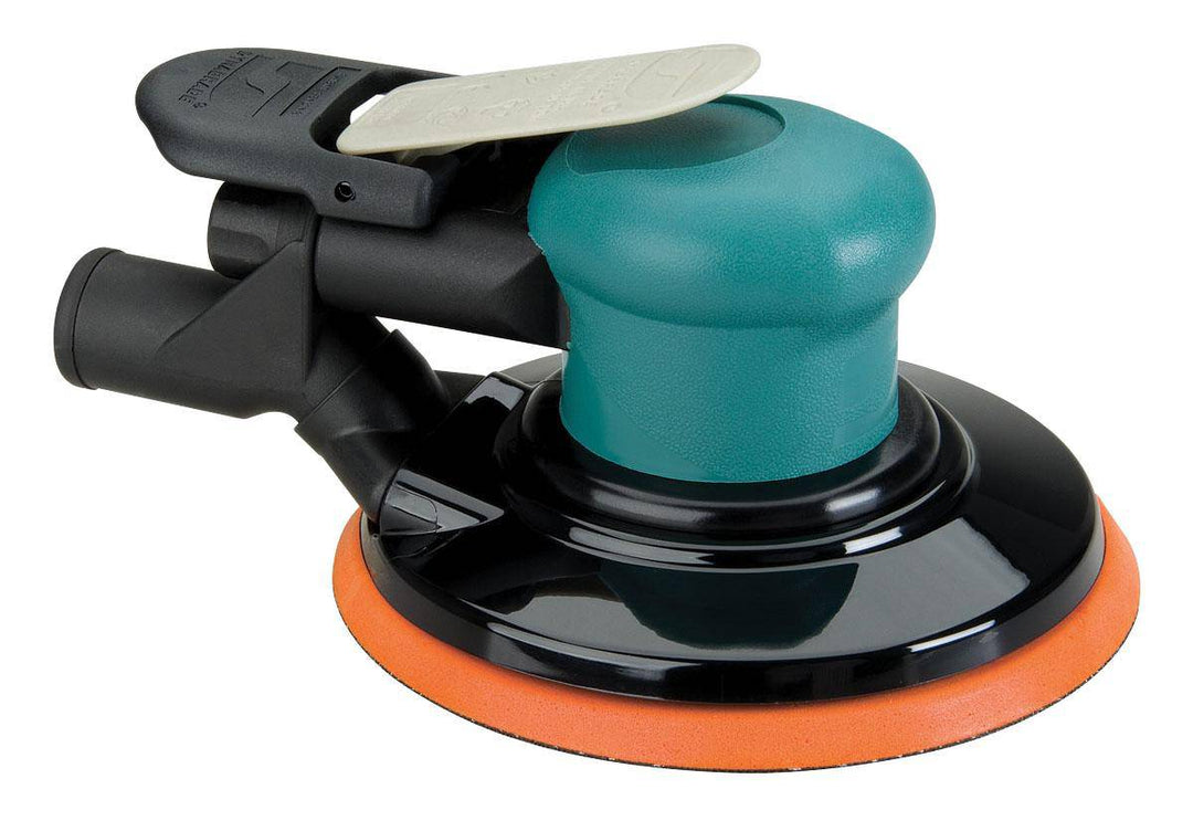 Dynabrade 59029 6-inch pneumatic random orbit sander with central vacuum, 3/16 inch pad, 12000 RPM for finishing and polishing.