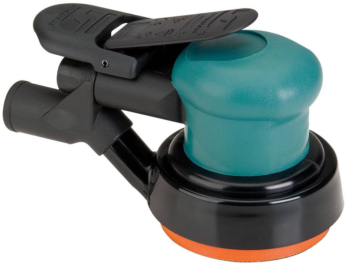 Dynabrade 59034 3-1/2 inch pneumatic random orbit sander with central vacuum and 3/32 inch pad, 12000 RPM, for finishing tasks.