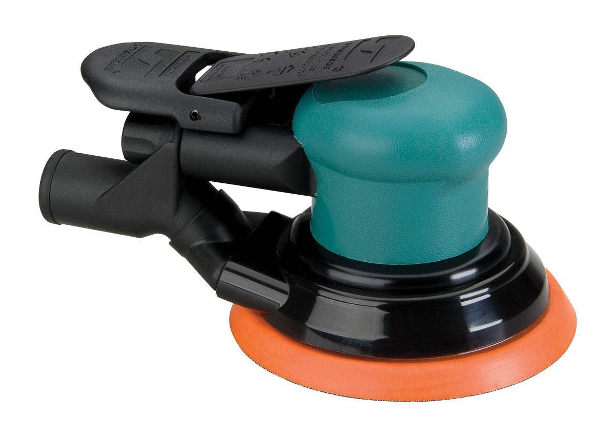 Dynabrade 59039 5-inch pneumatic random orbit sander with central vacuum, 3/32 inch pad, 12000 RPM, ideal for finishing tasks.