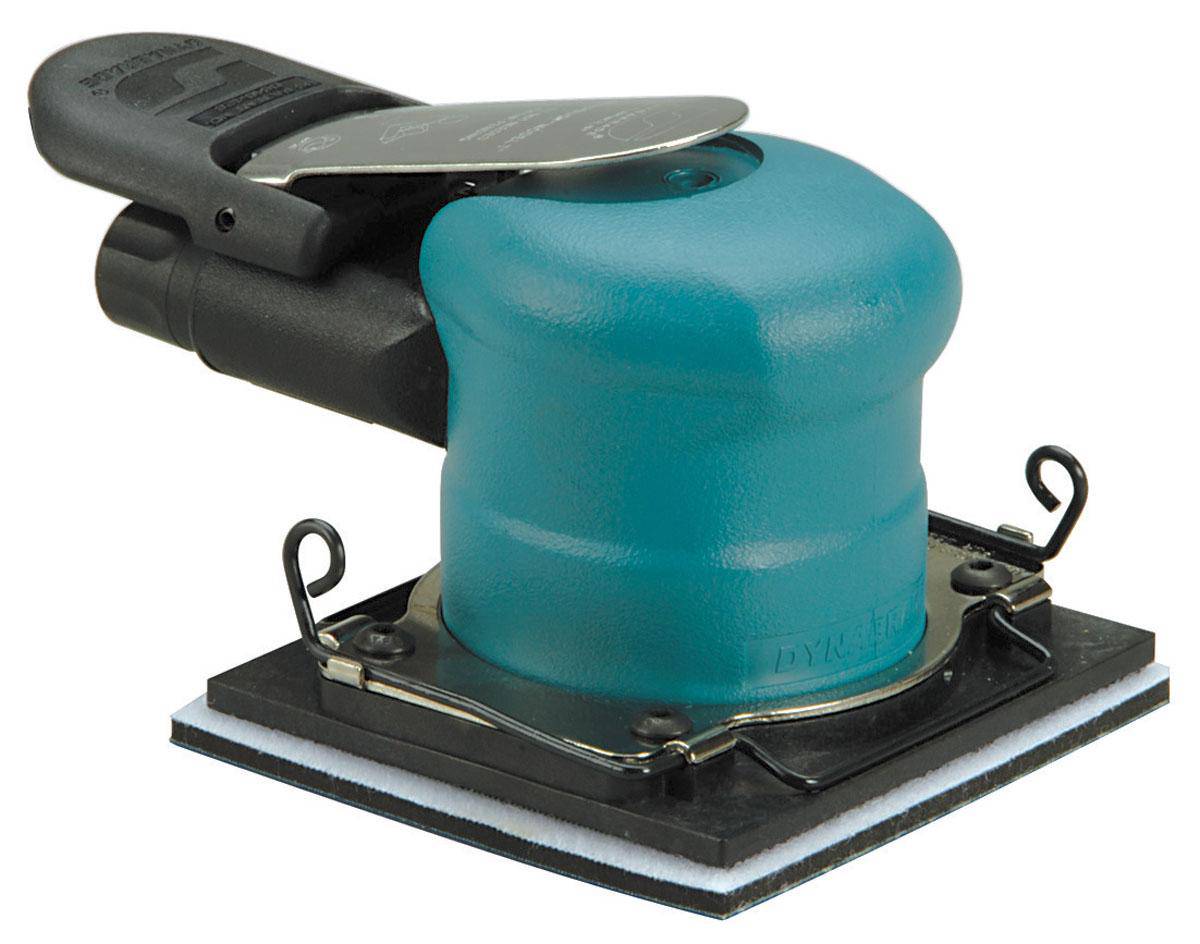 Dynabrade Dynabug 57920 orbital sander with 4-inch pad, 20000 RPM, non-vacuum, rear exhaust, with clips and 3/32-inch orbit diameter.