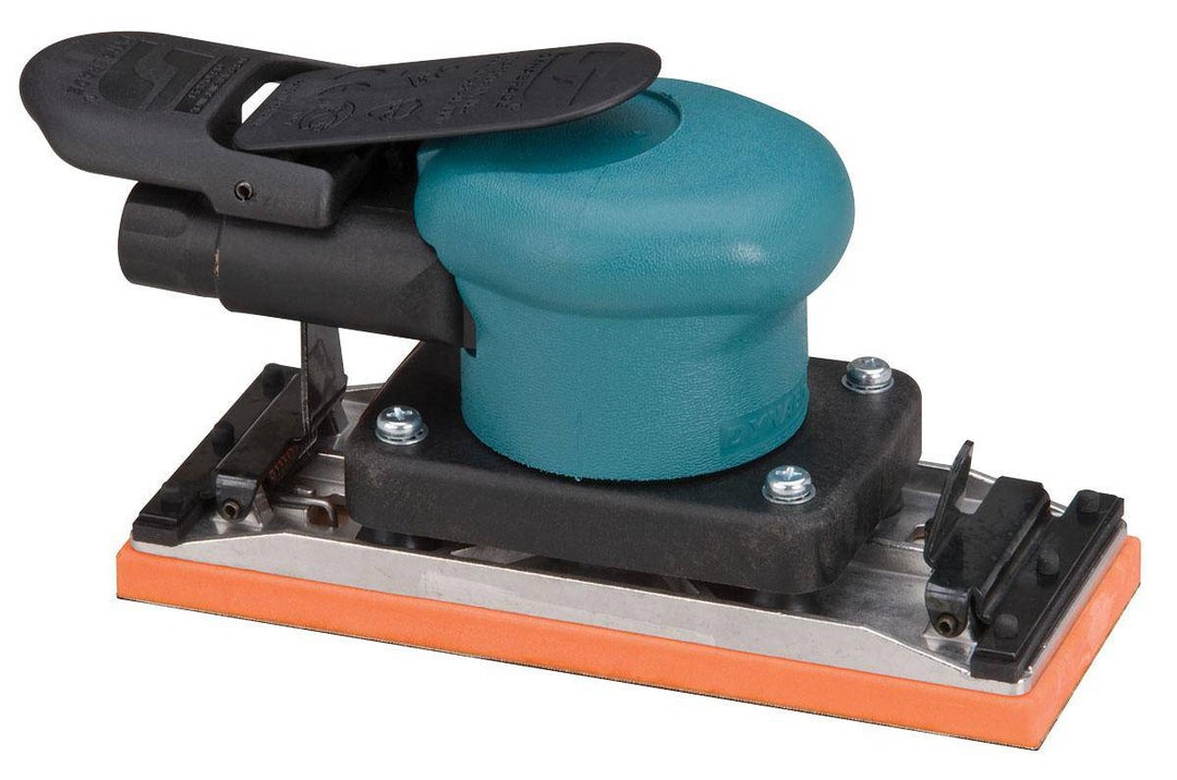 Dynabrade Dynabug 58507 pneumatic orbital finishing sander with 3/32 inch orbit, rear exhaust, non-vacuum, 10,000 rpm, clips included.