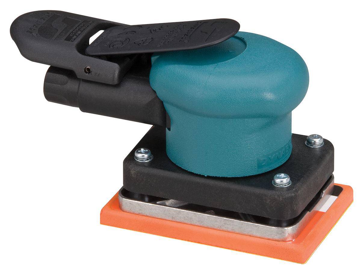 Dynabrade Dynabug 58509 orbital sander with 3/32 inch orbit, non-vacuum, 0.15 HP, 10,000 RPM, rear exhaust in use.