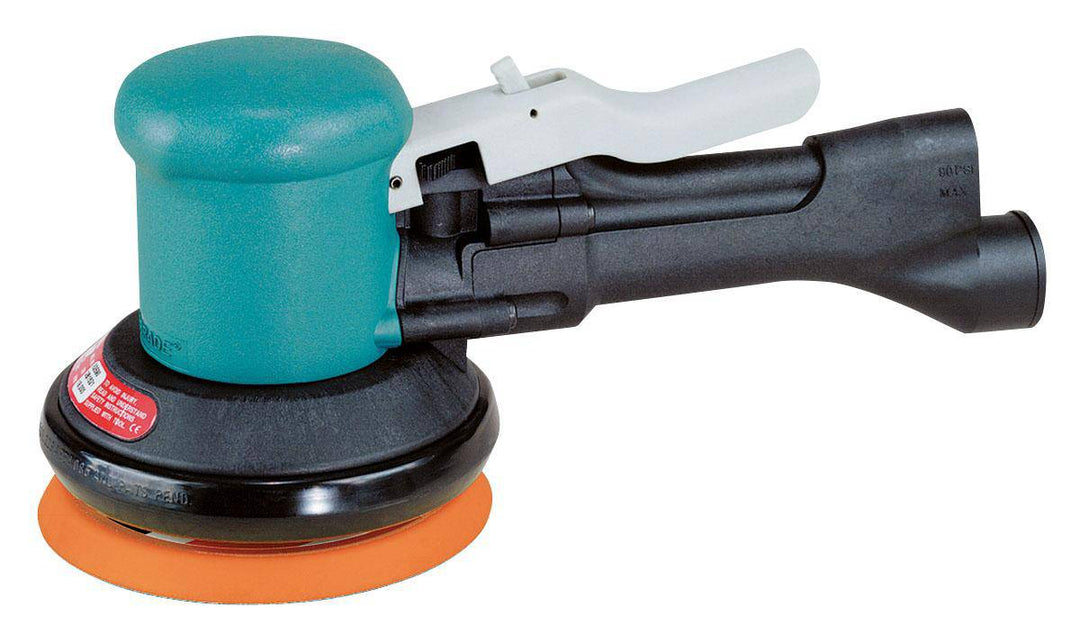 Dynabrade Dynorbital 58400 two-hand orbital sander with 5-inch diameter, non-vacuum, 0.4 HP, 12000 RPM, rear exhaust.