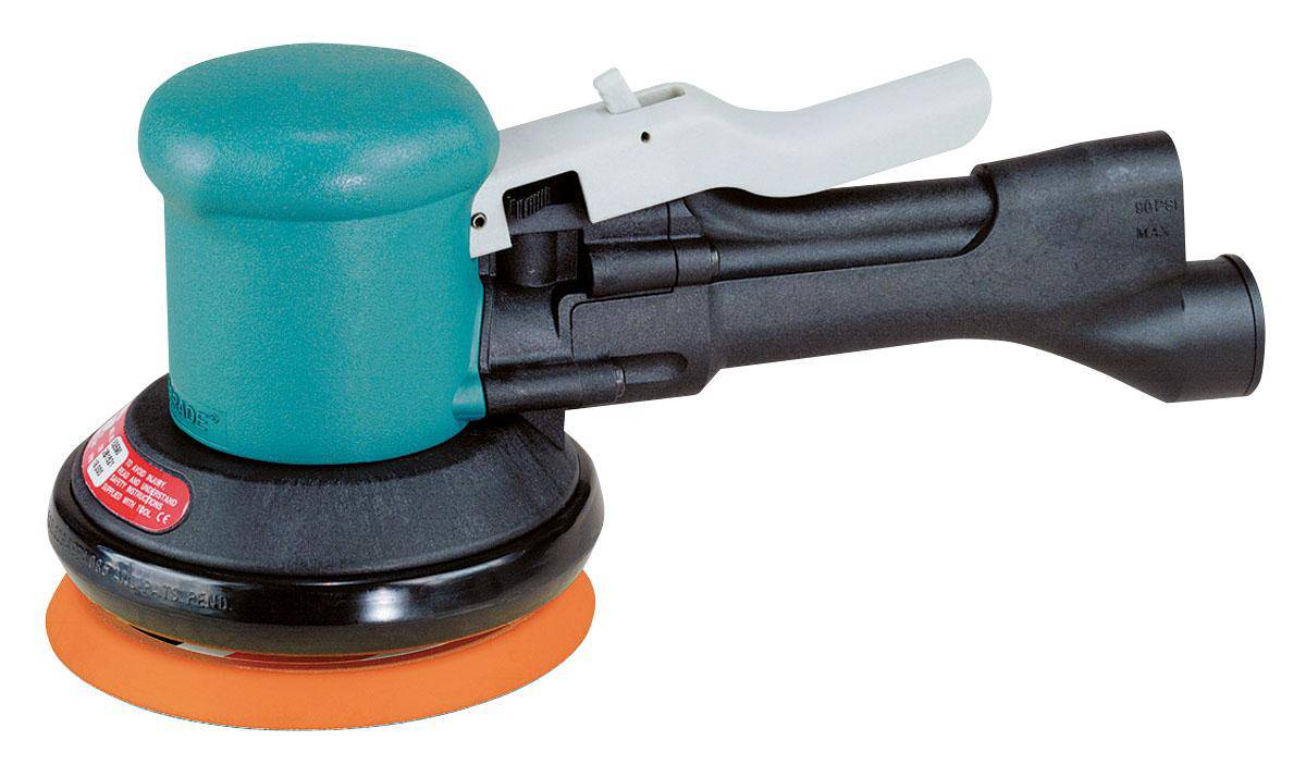 Dynabrade Dynorbital 58400 two-hand orbital sander with 5-inch diameter, non-vacuum, 0.4 HP, 12000 RPM, rear exhaust.