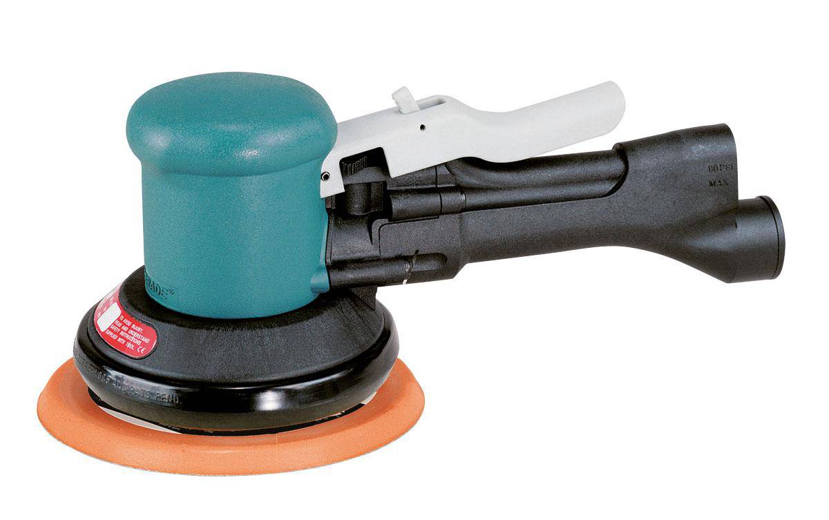 Dynabrade Dynorbital 58405 6-inch two-hand orbital sander with rear exhaust, 0.4 HP, 12000 RPM, non-vacuum random orbital sander.