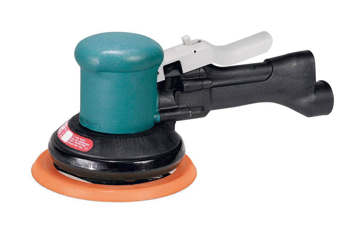 Dynabrade Dynorbital 58406 two-hand orbital sander with 6-inch diameter, vacuum system, 0.4 HP, 12000 RPM, rear exhaust.