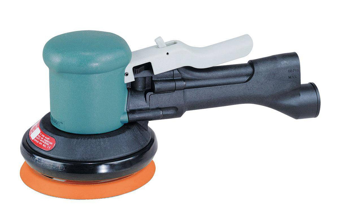 Dynabrade Dynorbital 58415 5-inch non-vacuum random orbital sander with rear exhaust, 0.45 Hp, 12000 RPM, two-handed grip.