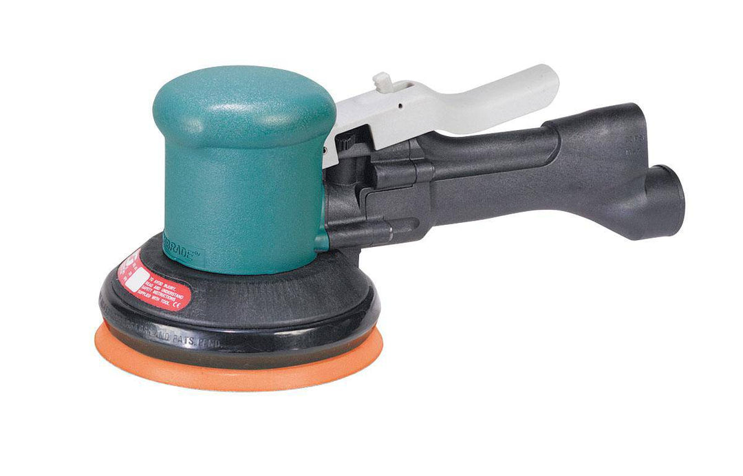 Dynabrade Dynorbital 58416 two-hand orbital sander with 5-inch diameter, vacuum system, 0.45 HP, 12000 RPM, rear exhaust.