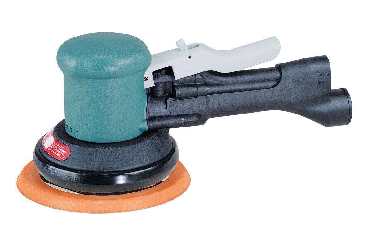 Dynabrade Dynorbital 58419 two-hand orbital sander with 6-inch diameter, vacuum feature, 0.45 HP, 12000 RPM, rear exhaust.