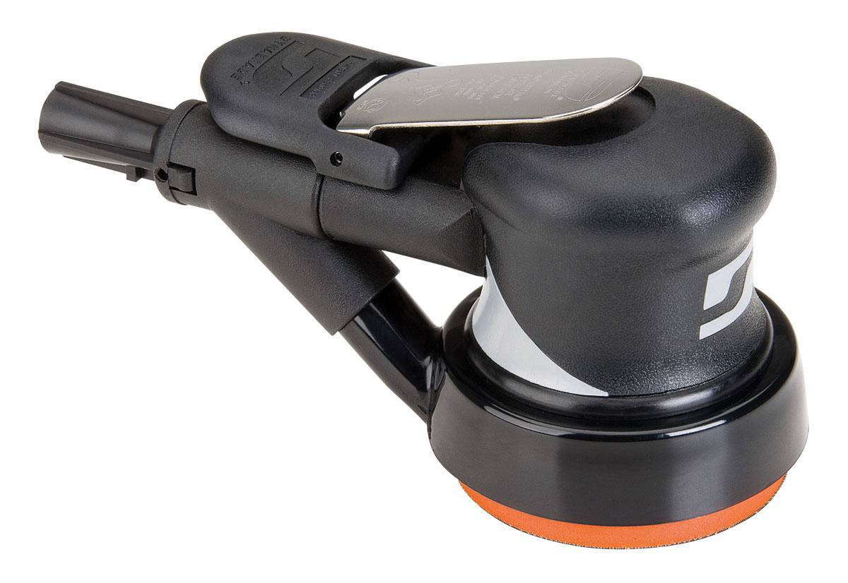 Dynabrade Silver Supreme 56803 random orbital sander with 3.5-inch diameter, vacuum feature, 0.28 HP, 12000 RPM, rear exhaust.