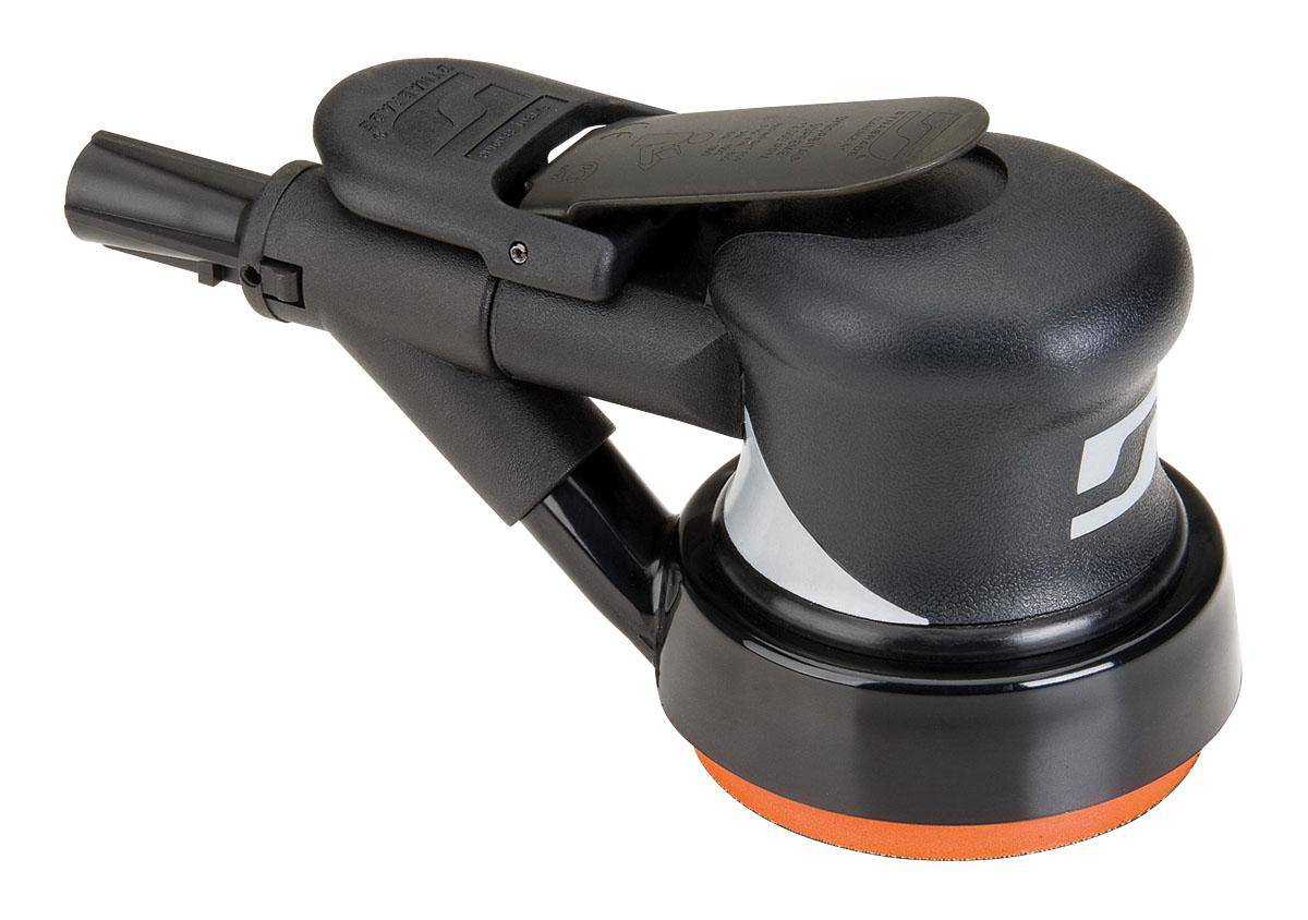Dynabrade Silver Supreme 56843 orbital sander with 3.5-inch diameter, self-generated vacuum, rear exhaust, and 12,000 RPM.