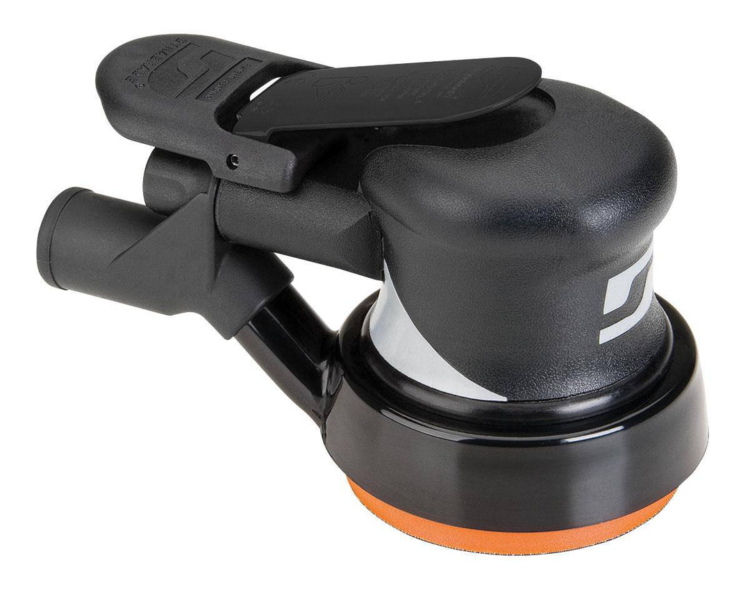Dynabrade Silver Supreme 56844 random orbital sander with 3.5-inch diameter, rear exhaust, 0.28 Hp, 12000 RPM, central vacuum.