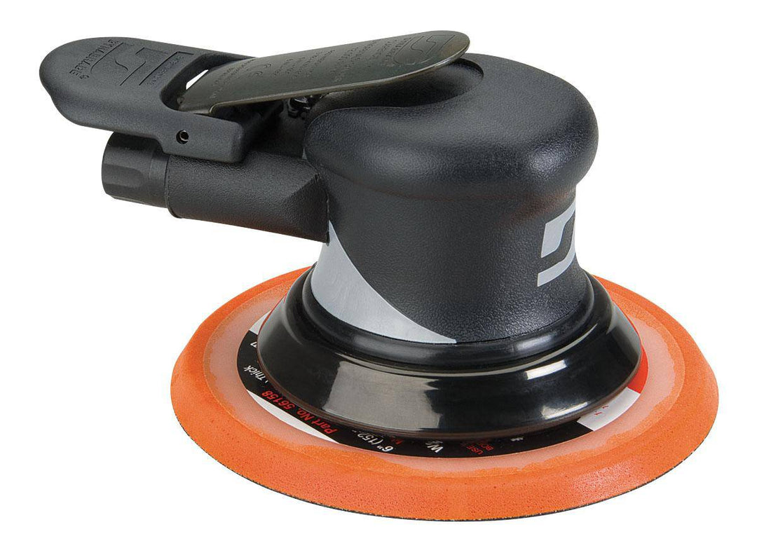 Dynabrade Silver Supreme 56859 pneumatic random orbit sander, 6-inch non-vacuum model with 3/32 inch orbit, 12000 RPM.