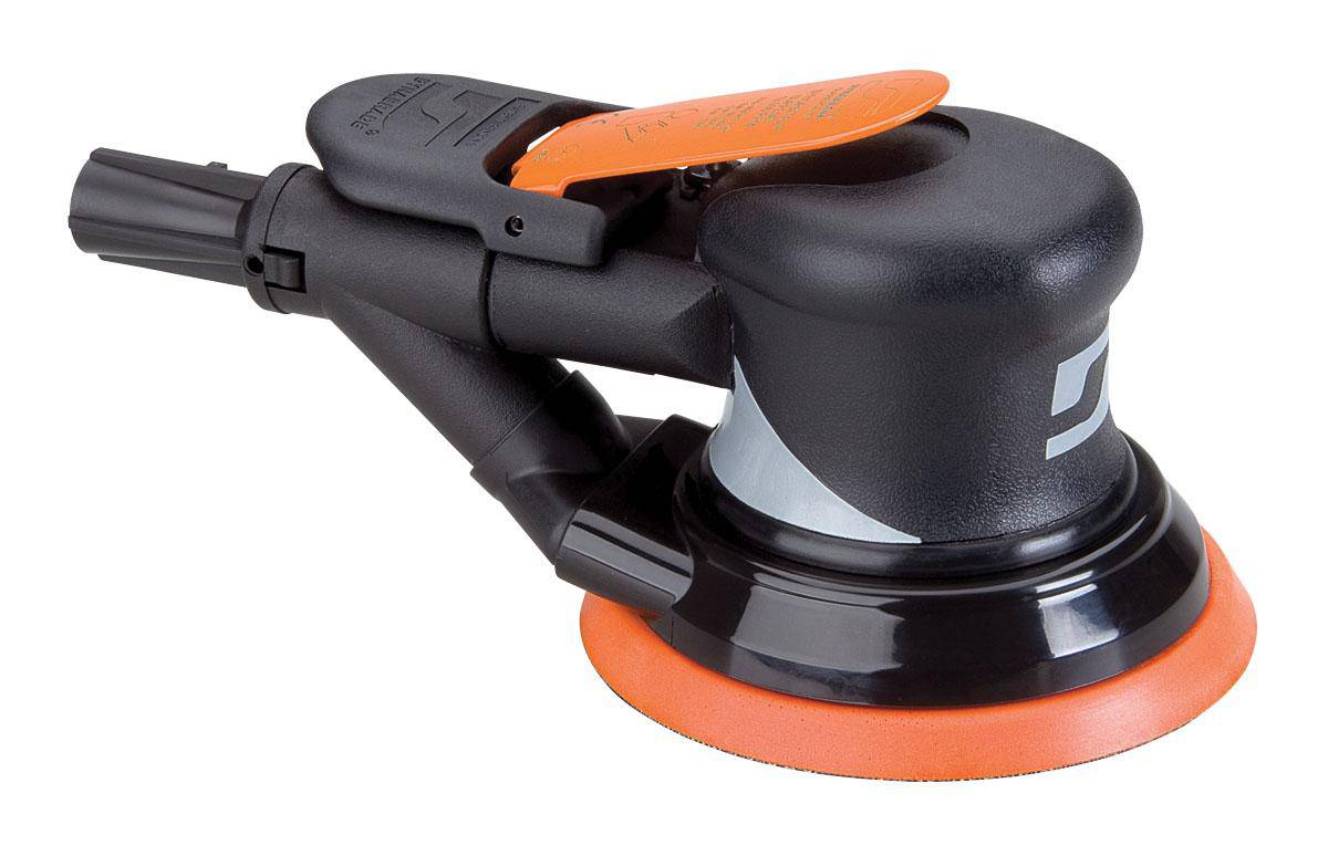 Dynabrade Silver Supreme 56883 orbital sander with 5-inch diameter, vacuum system, 0.28 HP, 12000 RPM, 3/8-inch orbit.