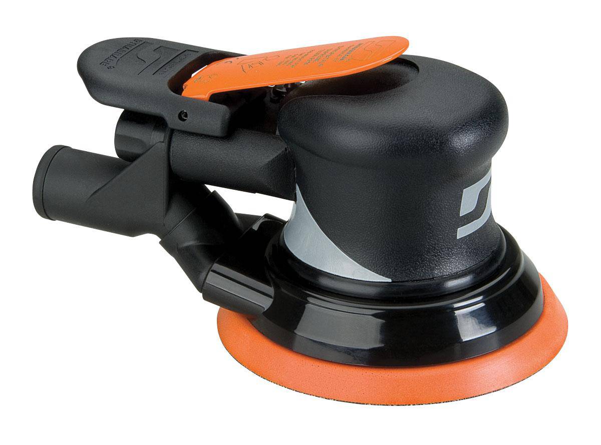 Dynabrade Silver Supreme 56884 5-inch random orbital sander with central vacuum, 0.28 HP, 12000 RPM, 3/8-inch orbit.