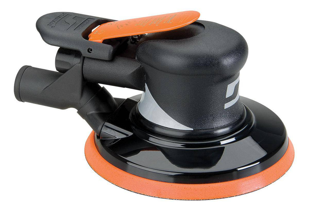 Dynabrade Silver Supreme 56894 6-inch random orbital sander with 0.28 HP, 12000 RPM, central vacuum and 3/8-inch orbit diameter.