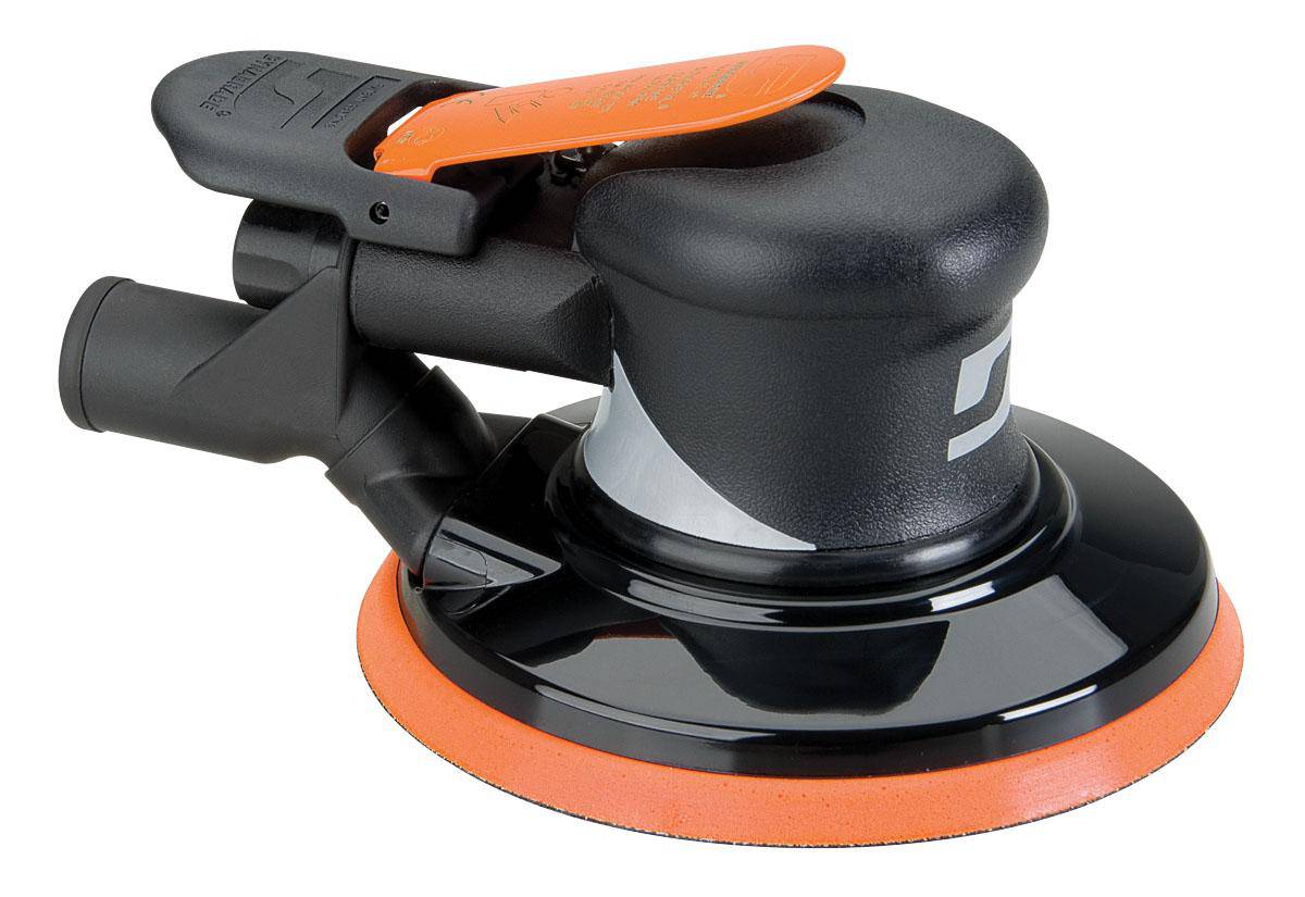Dynabrade Silver Supreme 56894 6-inch random orbital sander with 0.28 HP, 12000 RPM, central vacuum and 3/8-inch orbit diameter.