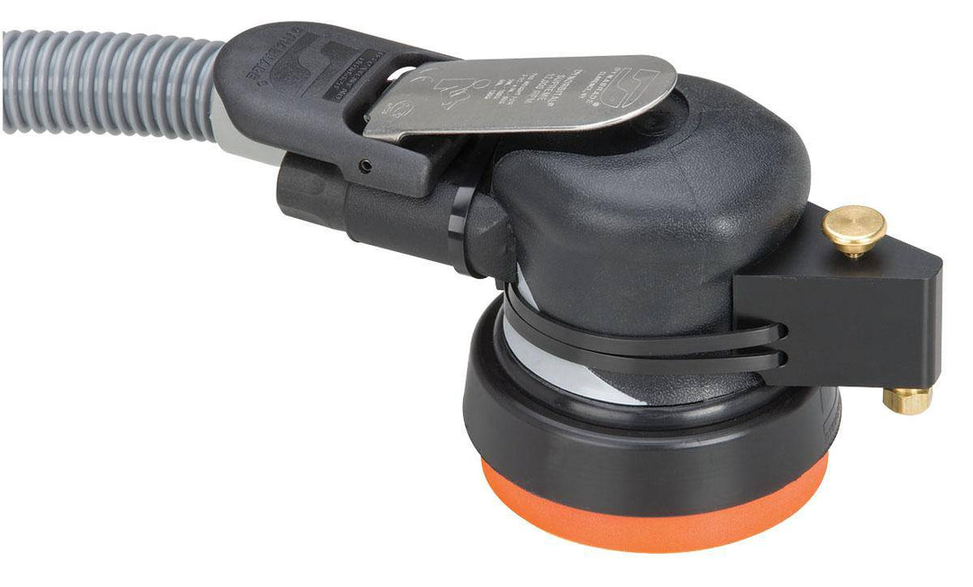 Dynabrade Silver Supreme 57571 wet orbital sander with 3.5-inch diameter, 12,000 RPM, rear exhaust, and 3/16-inch orbit.