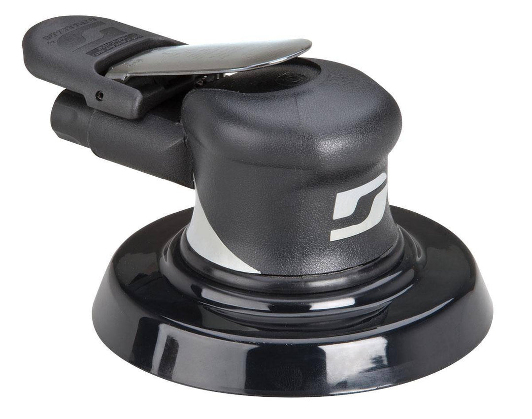 Dynabrade Silver Supreme 57572 wet orbital sander with 5-inch diameter, 0.24 HP, 10,000 RPM, rear exhaust, 3/16-inch orbit.