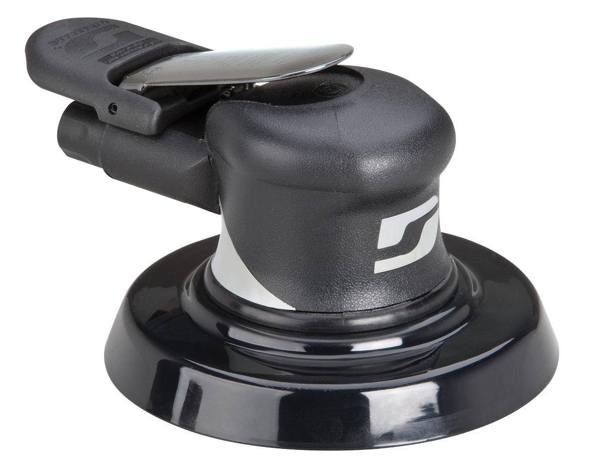 Dynabrade Silver Supreme 57572 wet orbital sander with 5-inch diameter, 0.24 HP, 10,000 RPM, rear exhaust, 3/16-inch orbit.