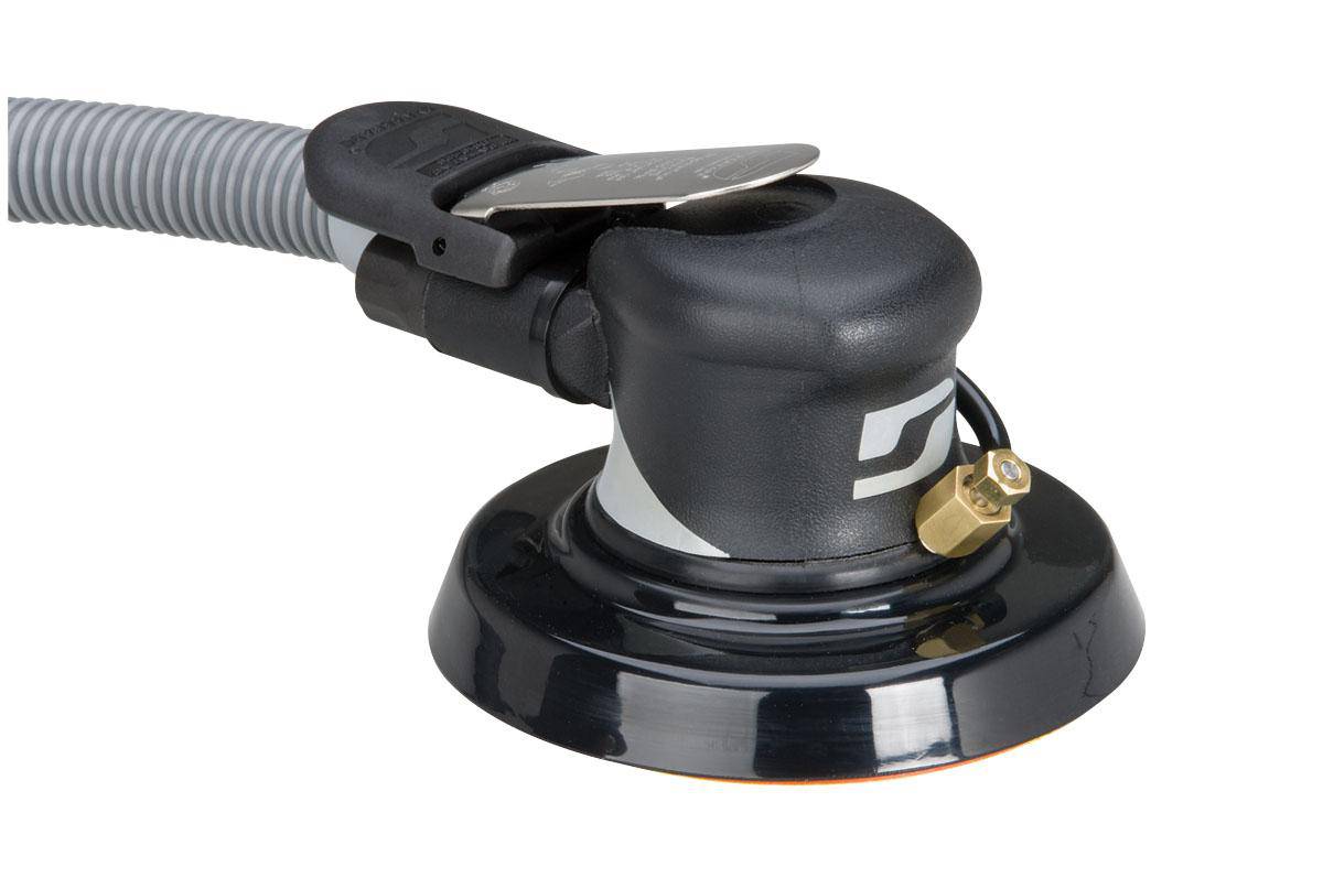 Dynabrade Silver Supreme 57573 wet orbital sander with 5-inch diameter, 0.24 HP motor, 10,000 RPM, rear exhaust, and 3/16-inch orbit.