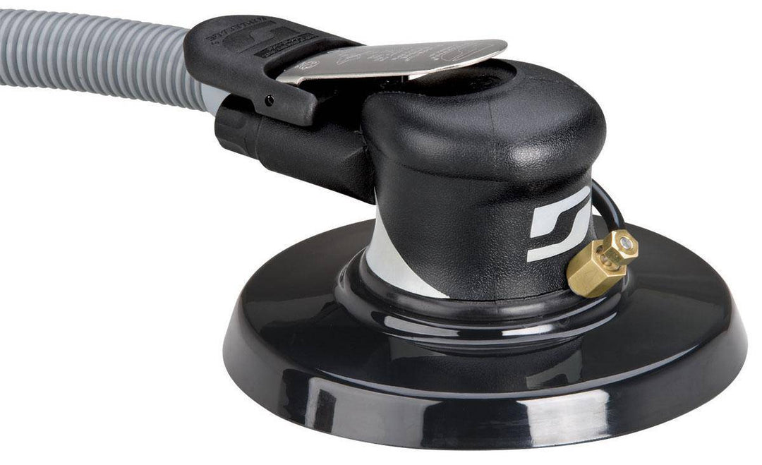 Dynabrade Silver Supreme 57575 6-inch wet orbital sander with 0.24 HP, 10,000 RPM, rear exhaust, and 3/16-inch orbit diameter.