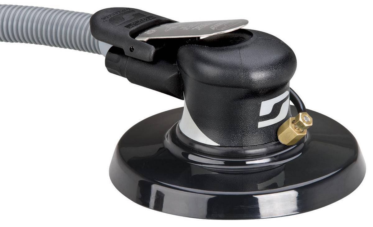 Dynabrade Silver Supreme 57575 6-inch wet orbital sander with 0.24 HP, 10,000 RPM, rear exhaust, and 3/16-inch orbit diameter.