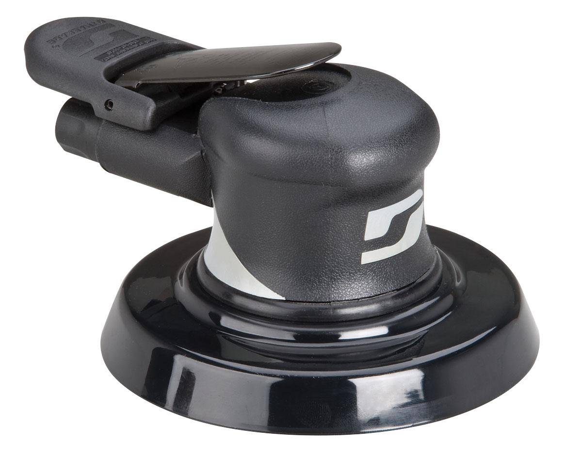 Dynabrade Silver Supreme 57582 wet orbital sander with 5-inch diameter, 0.24 HP, 10,000 RPM, rear exhaust, 3/32-inch orbit.