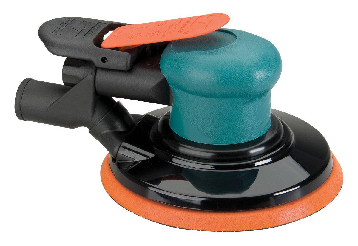 Dynabrade Spirit 59014 6-inch pneumatic random orbit sander with central vacuum, 3/8 inch pad, 12000 RPM for finishing and polishing.