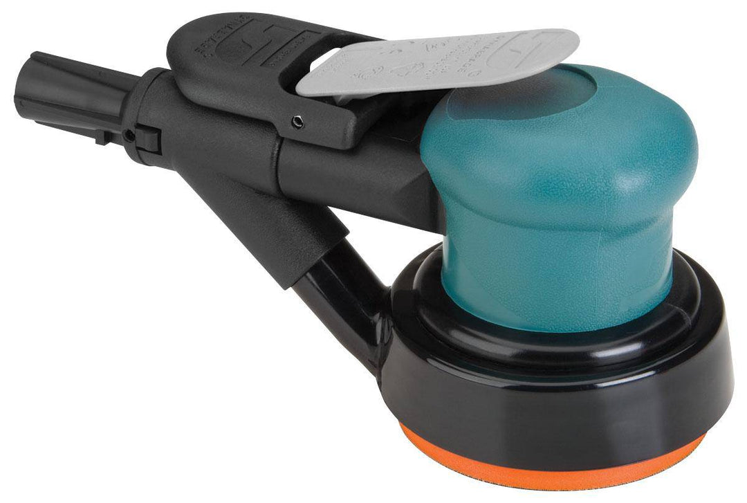 Dynabrade Spirit 59018 orbital sander with 3.5-inch diameter, vacuum system, 12,000 RPM, rear exhaust, and 0.25 HP motor.