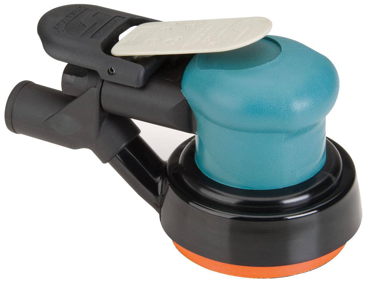 Dynabrade Spirit 59019 3-1/2 inch random orbital sander with central vacuum, 0.25 HP, 12000 RPM, rear exhaust, 3/16 inch orbit diameter.