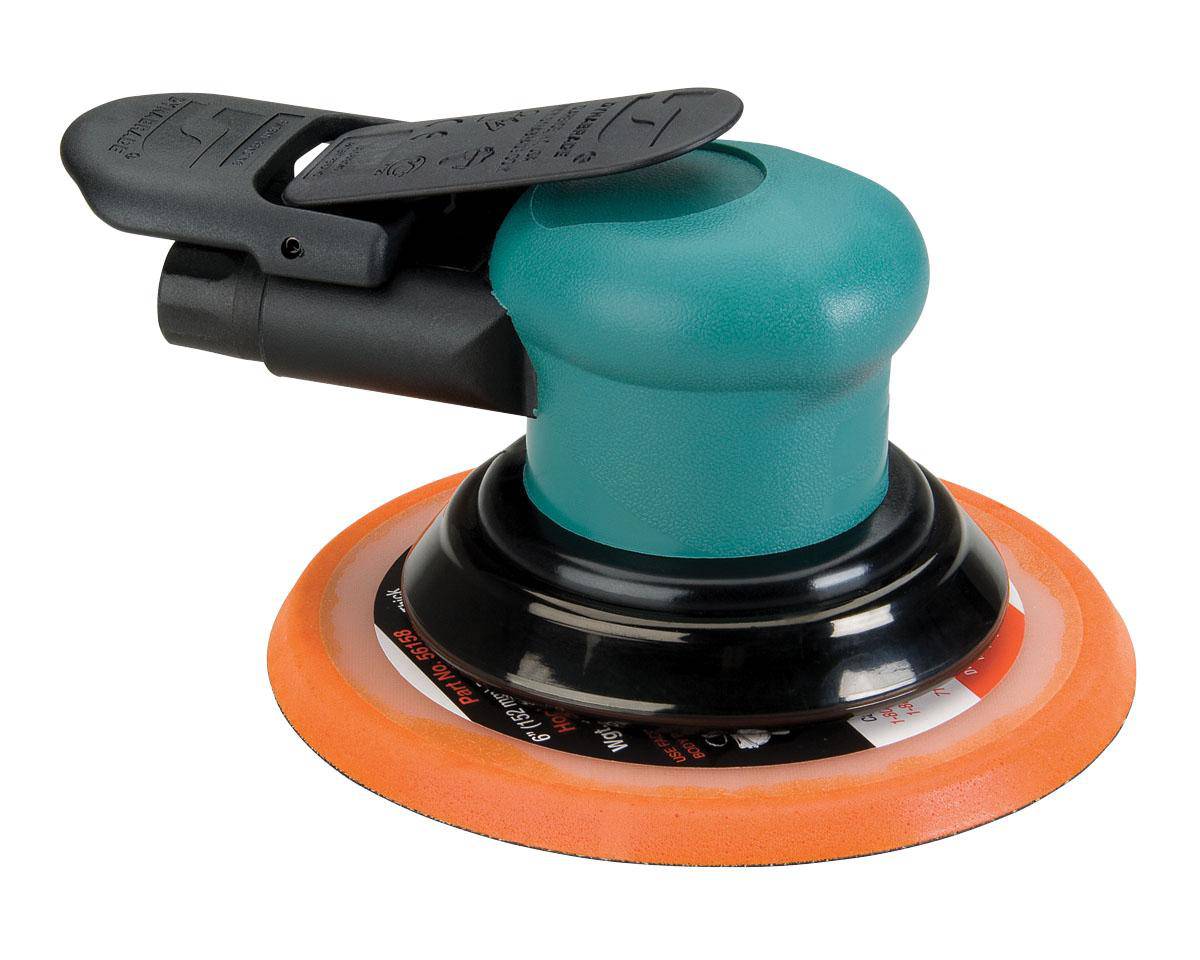 Dynabrade Spirit 59040 6-inch pneumatic random orbit sander with non-vacuum design, 3/32 inch pad, 12000 RPM, for finishing and sanding.