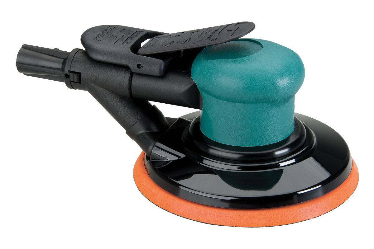 Dynabrade Spirit 59043 6-inch random orbital sander with vacuum, 0.25 HP, 12000 RPM, 3/32 inch orbit, rear exhaust.