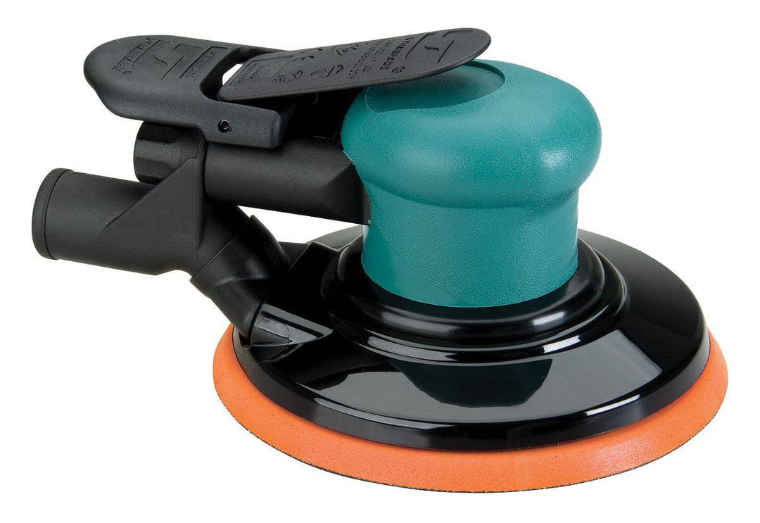 Dynabrade Spirit 59044 6-inch pneumatic random orbit sander with central vacuum and 3/32-inch pad, operating at 12000 RPM.