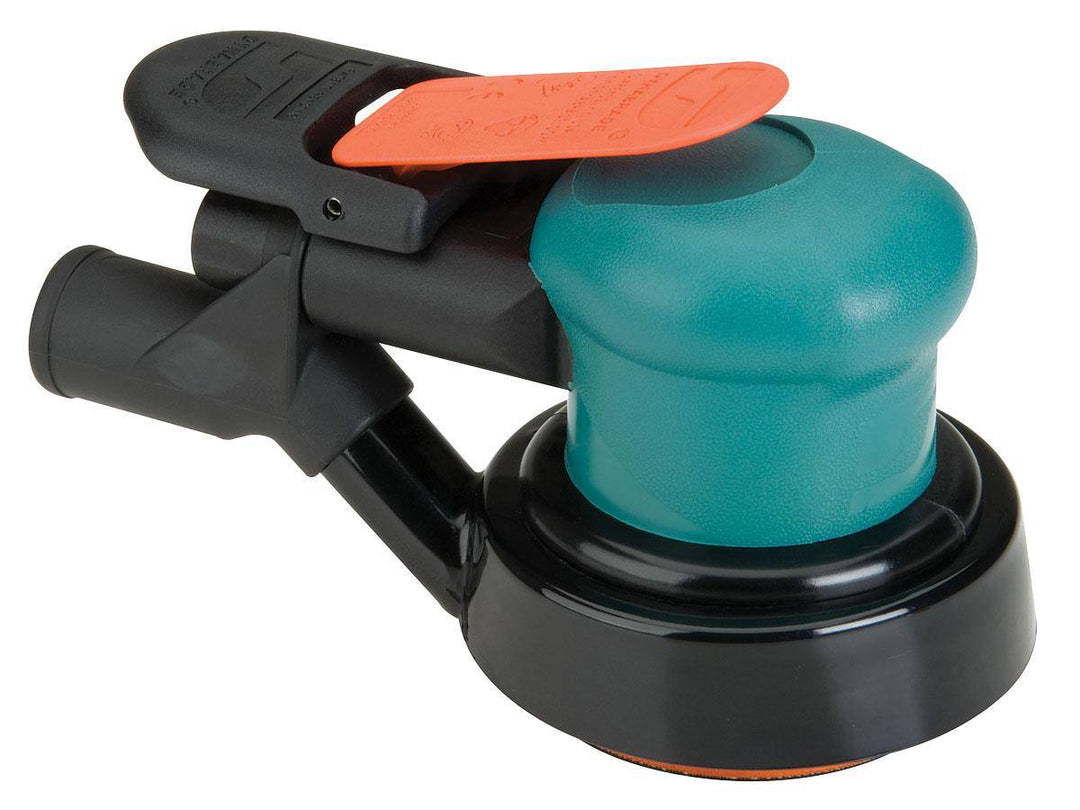 Dynabrade Spirit 59104 3-inch random orbital sander with central vacuum, 0.25 HP, 12000 RPM, 3/8-inch orbit, rear exhaust.