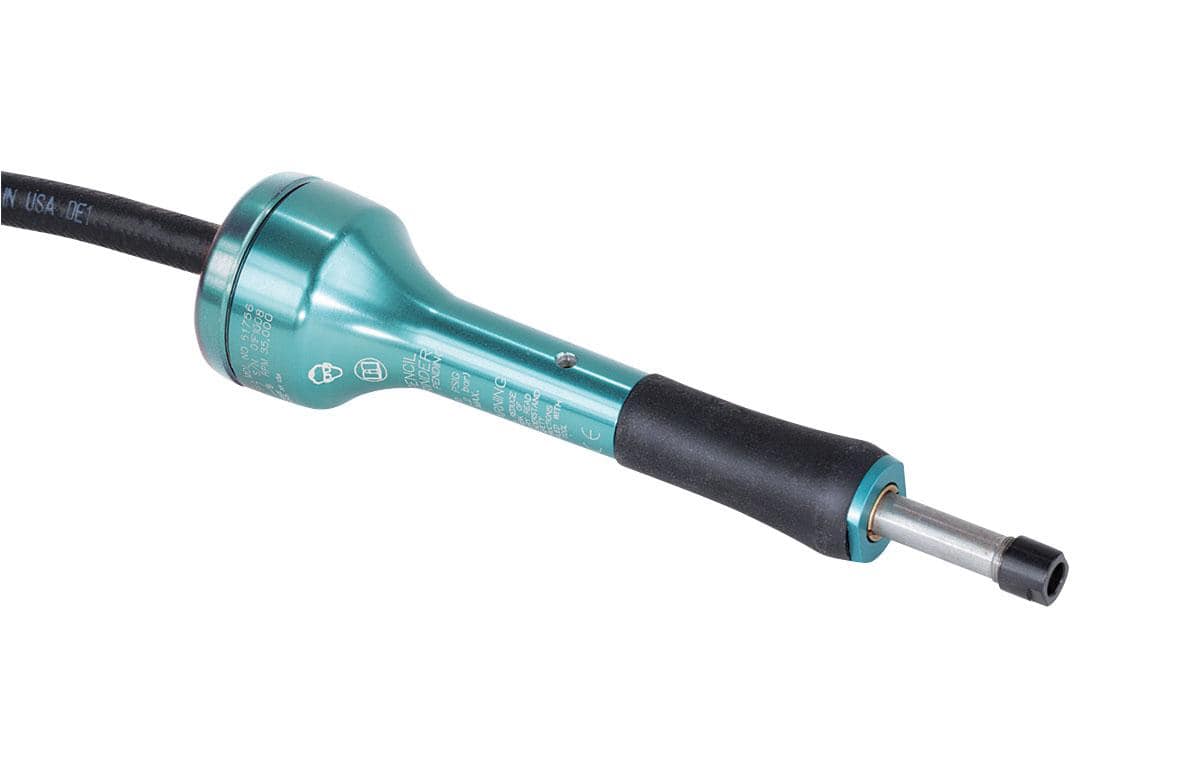 Dynabrade 51750 straight-line pencil grinder with 1/8 inch collet, turbine air motor, rear exhaust, 60,000 RPM, 0.1 HP.