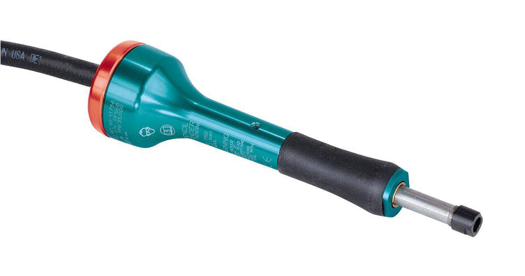 Dynabrade 51756 .1 Hp straight-line pencil grinder with 1/8 inch collet and rear exhaust at 35000 RPM, turbine air motor.